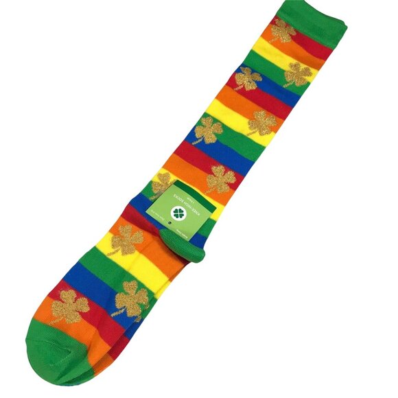 St. Patrick's Day Multicolor Rainbow Knee-High Socks Shamrock For Shoe Size 4-10 - Picture 1 of 3
